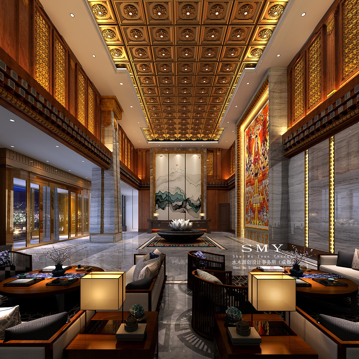 藏式酒店設(shè)計，酒店大堂大廳空間裝飾設(shè)計效果圖